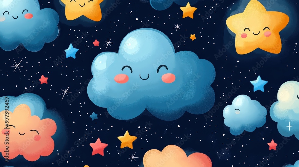 Cute cartoon stars and clouds with smiling faces Cute cartoon stars and clouds with smiling faces