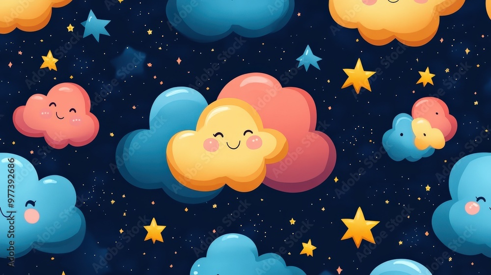 Cute cartoon stars and clouds with smiling faces Cute cartoon stars and clouds with smiling faces