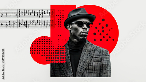 Abstract Jazz Celebration A dynamic and modern visual representation of independent jazz music, featuring a vibrant instrument and musical notes symbolizing the rhythm and energy of live performances