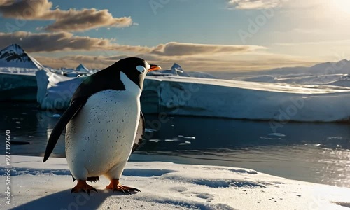 penguin standing on the edge of the ocean near an iceberg