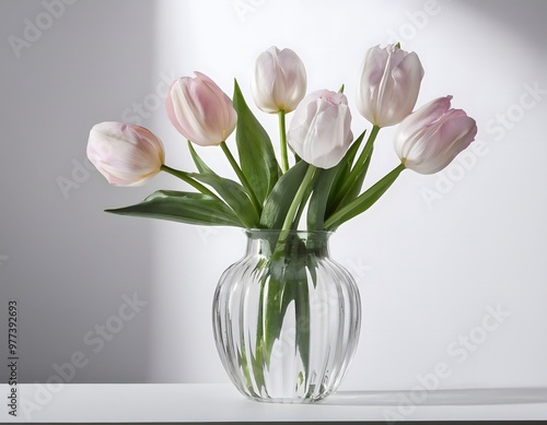 Glass vase with blooming tulips. A simple glass vase with blooming tulips inside, set against a white background