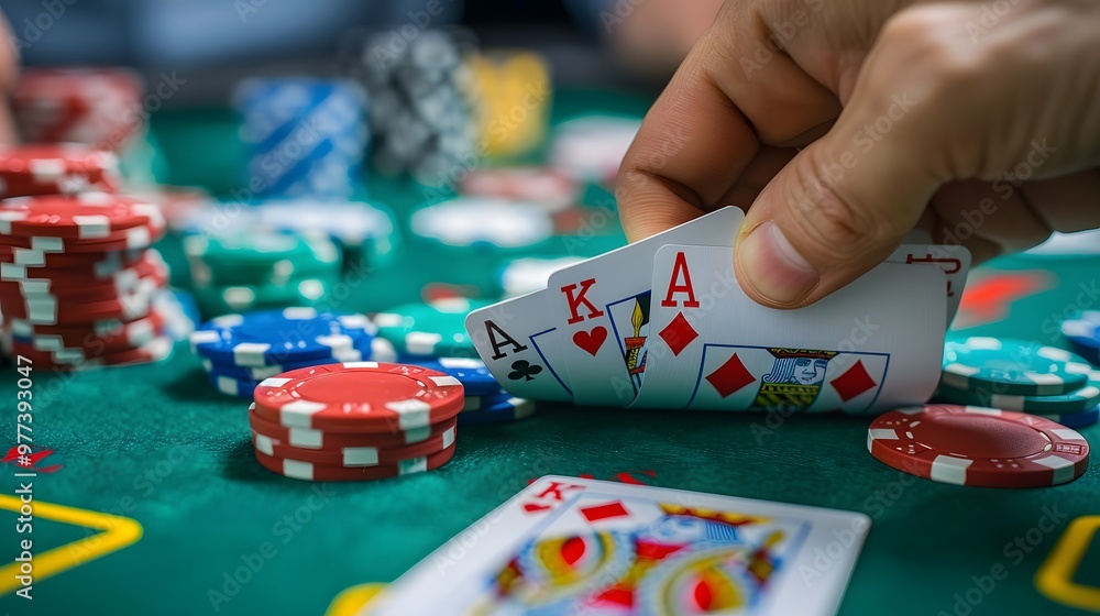 Revealing the River Card: The dealer revealing the river card in a poker game, chips and cards in play.
Revealing the River Card: The dealer revealing the river card in a poker game, chips and cards in play.