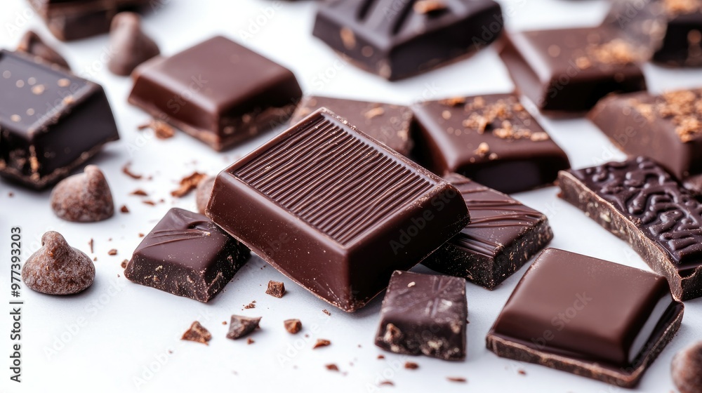 A close-up view of designer chocolate pieces in luxury packaging, isolated on a simple white background for a sophisticated touch A close-up view of designer chocolate pieces in luxury packaging, isolated on a simple white background for a sophisticated touch