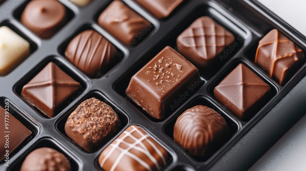A close-up view of designer chocolate pieces in luxury packaging, isolated on a simple white background for a sophisticated touch A close-up view of designer chocolate pieces in luxury packaging, isolated on a simple white background for a sophisticated touch
