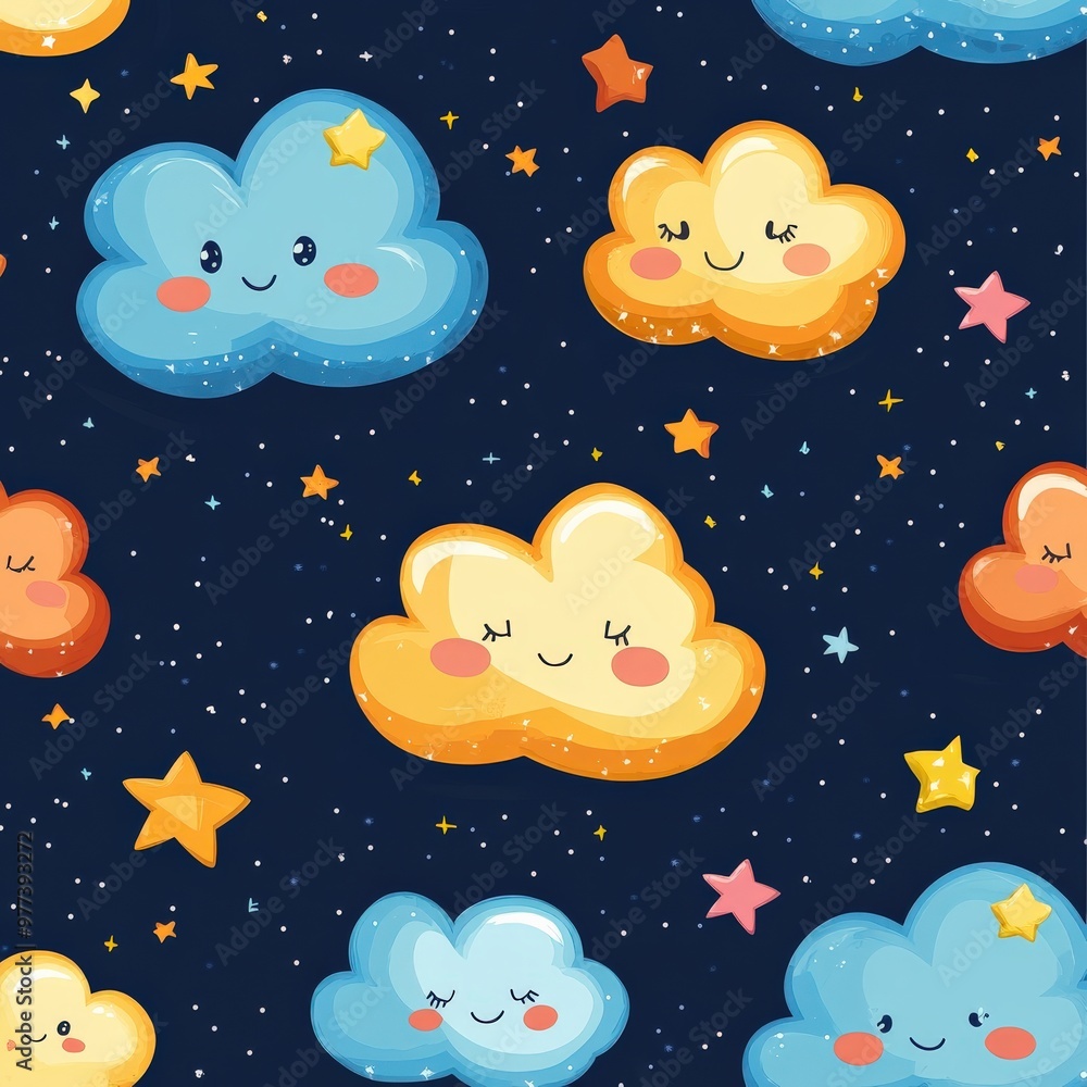 Cute cartoon stars and clouds with smiling faces Cute cartoon stars and clouds with smiling faces