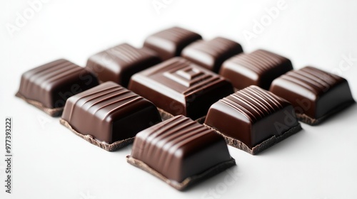 A close-up view of designer chocolate pieces in luxury packaging, isolated on a simple white background for a sophisticated touch