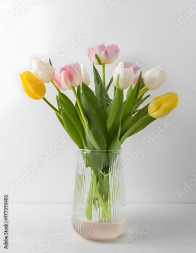 Glass vase with blooming tulips