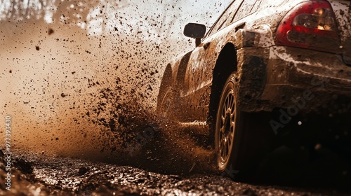 Grit and Speed: Rally Car Racing Through Muddy Track with Splashing Mud