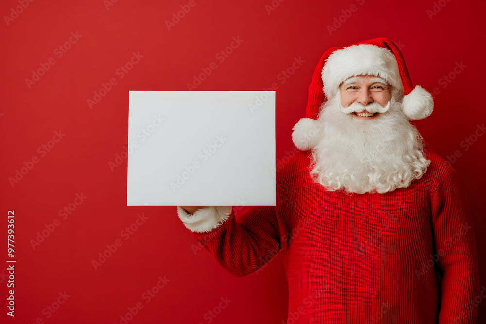 Smiling Santa Claus Holding a Blank Sign, Christmas Greetings and Holiday Cheer Smiling Santa Claus Holding a Blank Sign, Christmas Greetings and Holiday Cheer