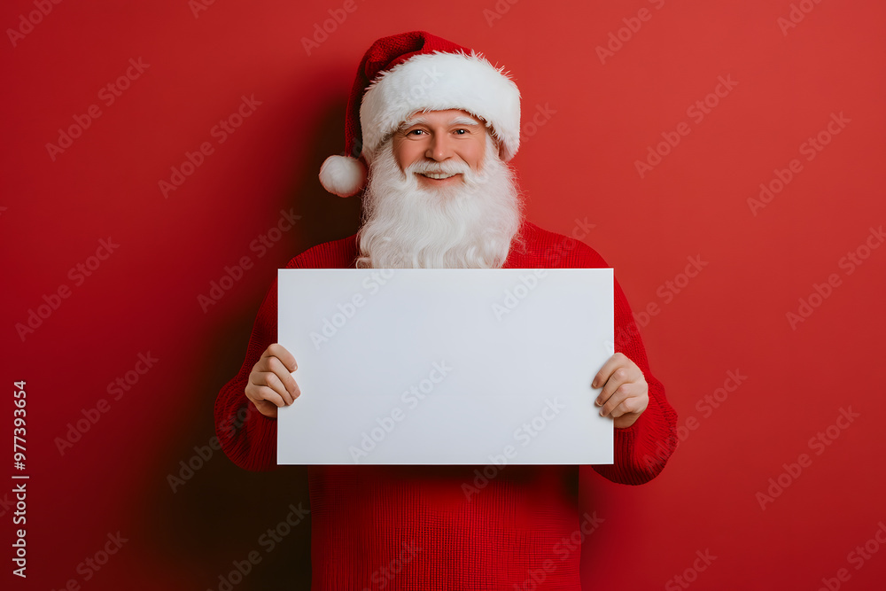 Smiling Santa Claus Holding a Blank Sign, Christmas Greetings and Holiday Cheer Smiling Santa Claus Holding a Blank Sign, Christmas Greetings and Holiday Cheer