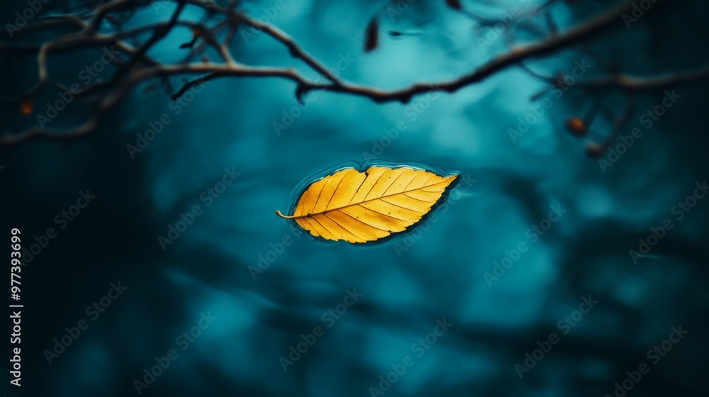 Golden yellow leaf gently floating on deep blue water under branches in autumn scene Golden yellow leaf gently floating on deep blue water under branches in autumn scene