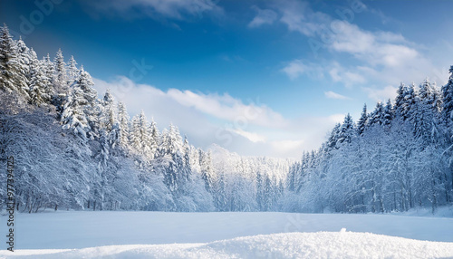 Snowy and frozen winter panorama, with snow covered forest view, nature concept