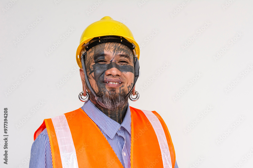 An unconventional looking engineer in a hard hat and vest. Full of face tattoos and piercings. Isolated on a white background. An unconventional looking engineer in a hard hat and vest. Full of face tattoos and piercings. Isolated on a white background.