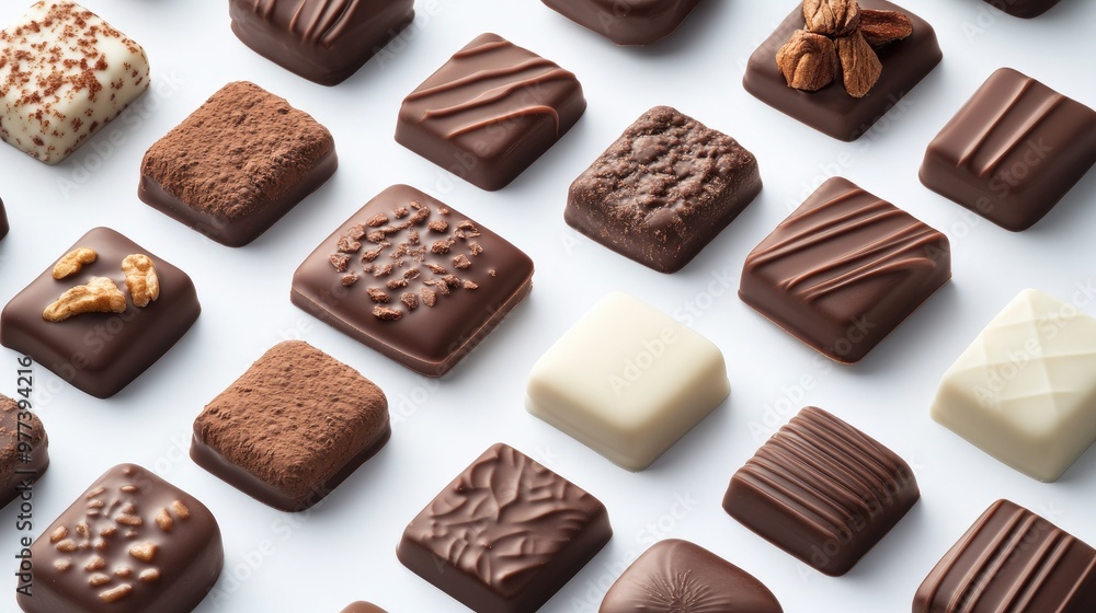 A creative assortment of chocolate shapes with unique packaging, displayed on a clean white background for a premium look A creative assortment of chocolate shapes with unique packaging, displayed on a clean white background for a premium look