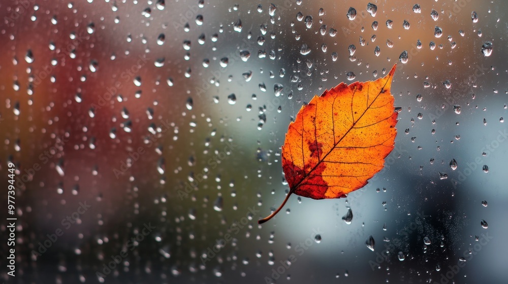 Autumn leaf resting on a raindrop-covered window pane during a rainy day Autumn leaf resting on a raindrop-covered window pane during a rainy day