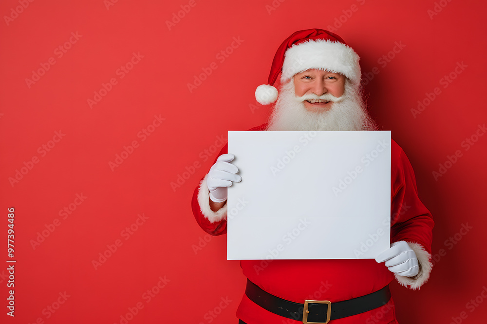 Smiling Santa Claus Holding a Blank Sign, Christmas Greetings and Holiday Cheer Smiling Santa Claus Holding a Blank Sign, Christmas Greetings and Holiday Cheer