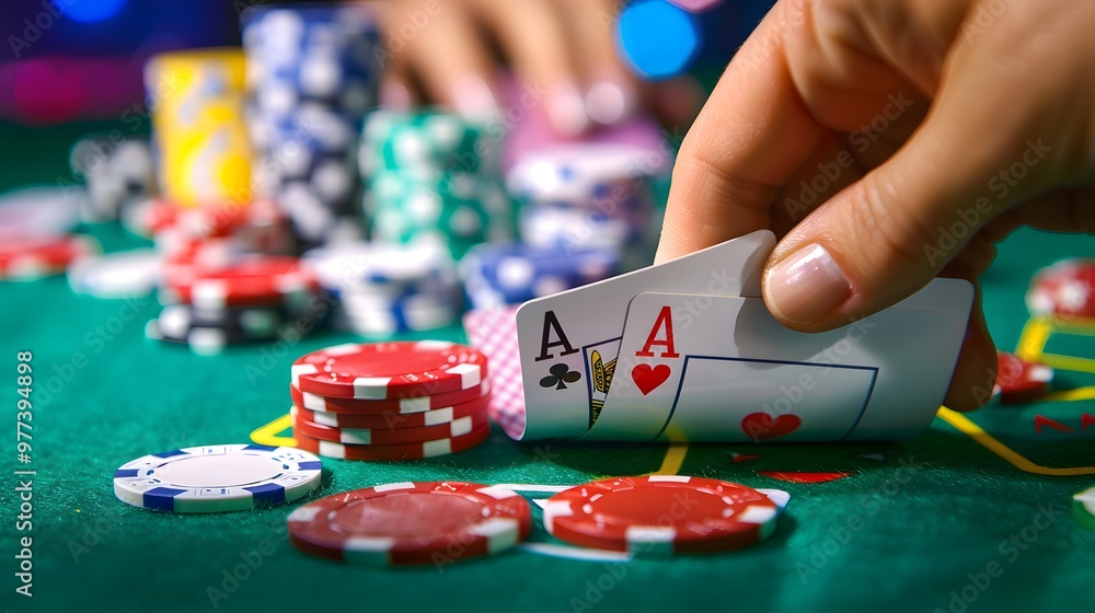 Revealing the River Card: The dealer revealing the river card in a poker game, chips and cards in play.
Revealing the River Card: The dealer revealing the river card in a poker game, chips and cards in play.