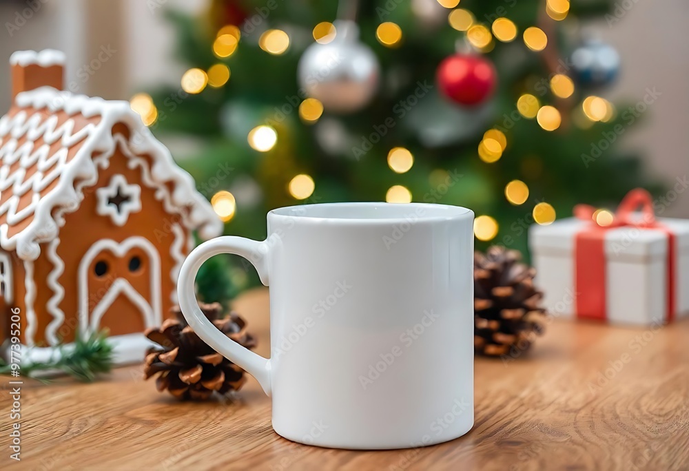 Christmas mockup white ceramic coffee Mug and Christmas decoration on a wooden table background Christmas mockup white ceramic coffee Mug and Christmas decoration on a wooden table background