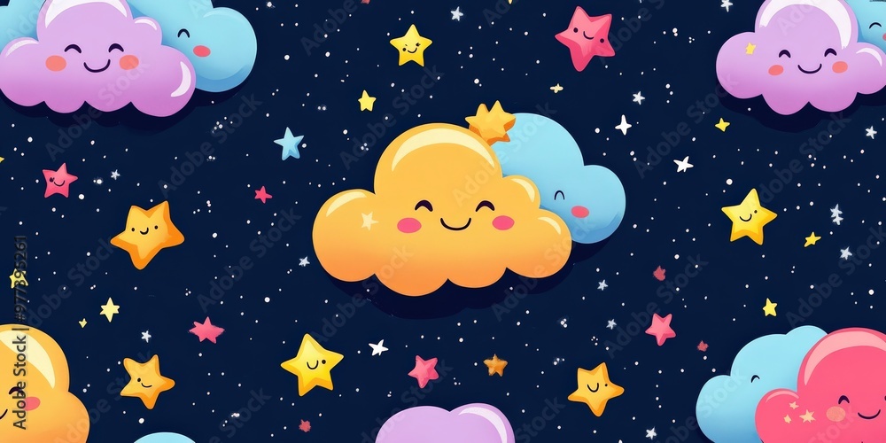 Cute cartoon stars and clouds with smiling faces Cute cartoon stars and clouds with smiling faces