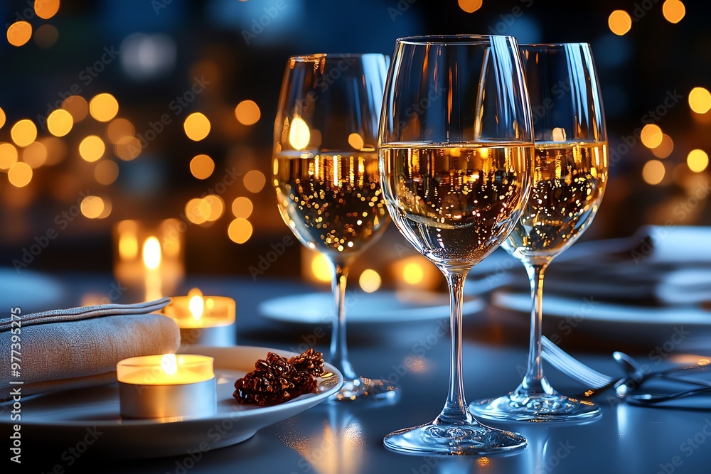 A candlelit dinner scene, with soft, flickering light reflecting off wine glasses and silverware A candlelit dinner scene, with soft, flickering light reflecting off wine glasses and silverware