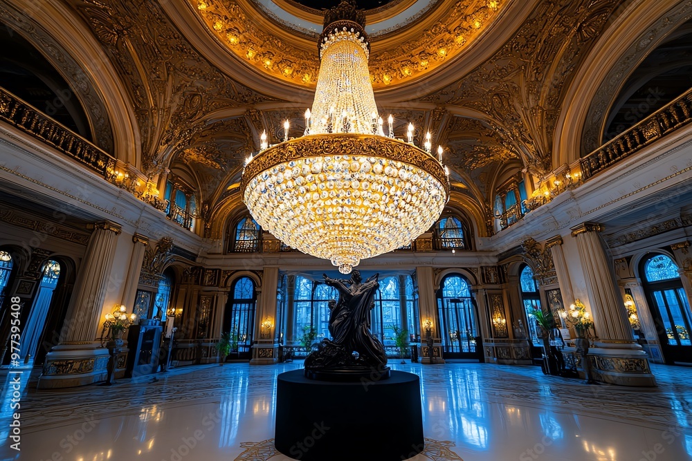 Obraz premium A chandelier sparkling in an opulent ballroom, casting soft light across the ornate room