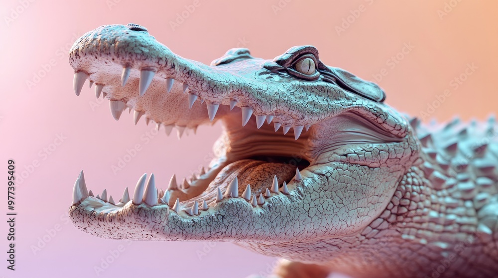 A detailed 3D crocodile with its jaws wide open, set against a pastel background, showcasing the power and history of these zoo animals A detailed 3D crocodile with its jaws wide open, set against a pastel background, showcasing the power and history of these zoo animals