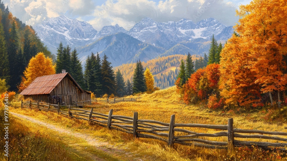 Colorful autumn landscape with rustic farmhouse and wooden fence in mountain forest Colorful autumn landscape with rustic farmhouse and wooden fence in mountain forest
