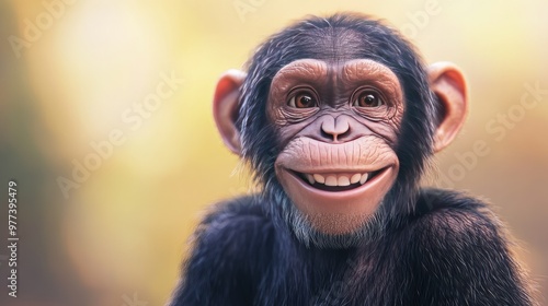 A detailed 3D chimpanzee, smiling playfully with a soft pastel background, representing the active and intelligent nature of zoo primates