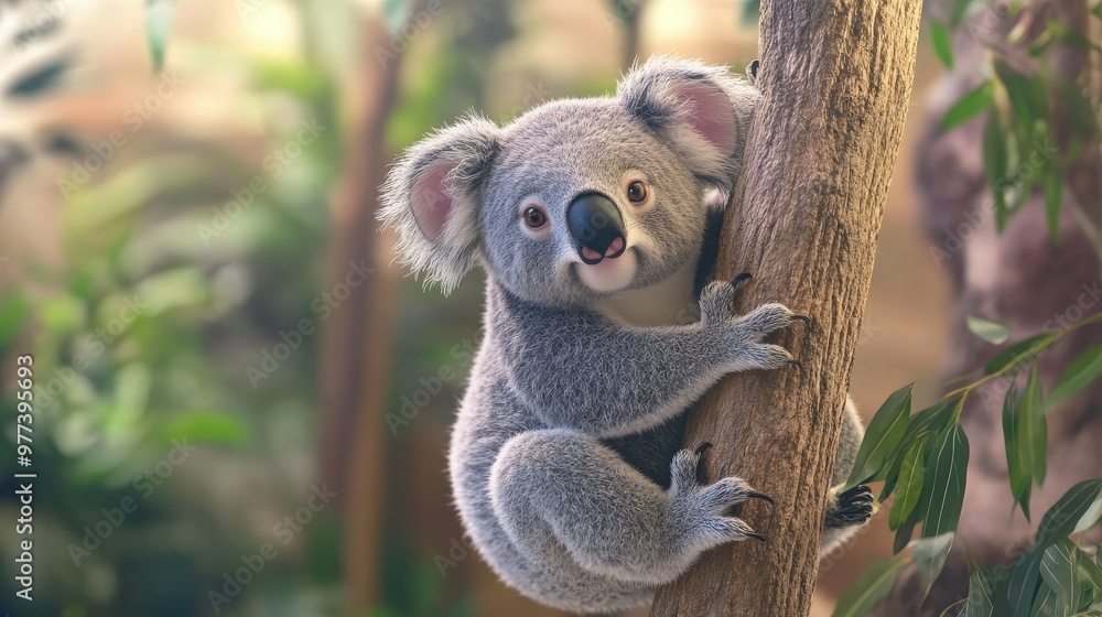 A detailed 3D koala holding onto a tree, with a soft pastel backdrop, symbolizing the gentle and cuddly nature of these Australian zoo animals A detailed 3D koala holding onto a tree, with a soft pastel backdrop, symbolizing the gentle and cuddly nature of these Australian zoo animals