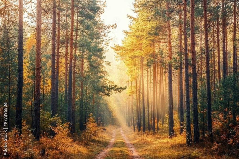 Fototapeta premium Autumn sunlight filtering through tall pine trees along a winding forest path
