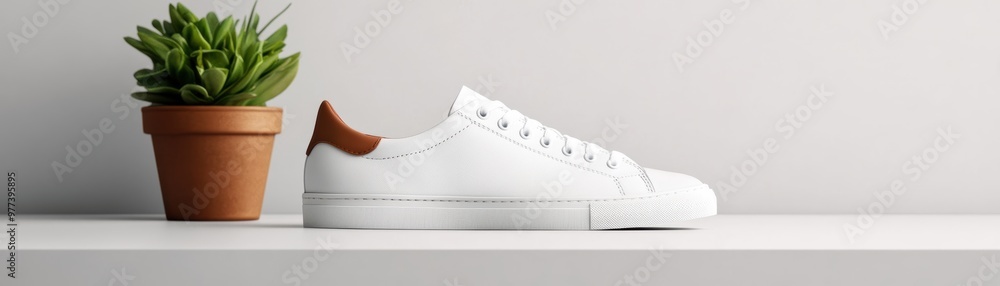 Minimalist shoe mockup on a clean white surface, magazine-style photography, soft shadows, modern and sleek Minimalist shoe mockup on a clean white surface, magazine-style photography, soft shadows, modern and sleek
