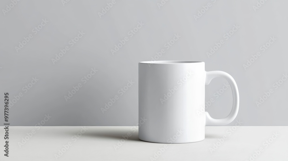 Obraz premium Modern mug mockup in a minimalist setting, clean light gray background, magazine-style photography, soft focus