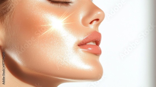 Close-up of a radiant woman with flawless, glowing skin, isolated against white