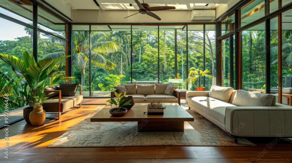 Modern Living Room with Lush Green Views Modern Living Room with Lush Green Views