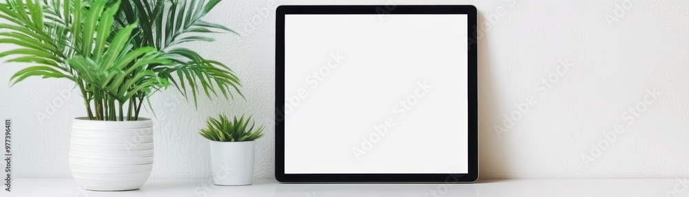 Modern tablet mockup on a white surface, minimalist design, magazine layout style, clean background Modern tablet mockup on a white surface, minimalist design, magazine layout style, clean background
