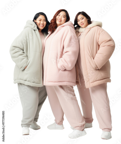 PNG Photo of *Singaporean chubby women*, winter fashion, isolated on a white background. Full body, dreamwave real, soft pastel tones, style of minimalist --ar 2:3 photo