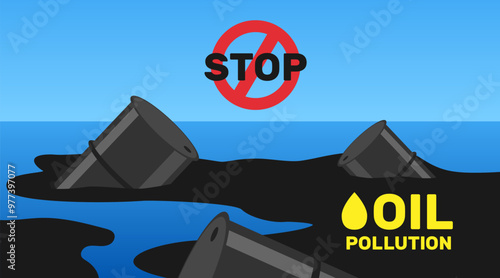 stop oil pollution the ocean and the sea  barrels and black spots on water surface vector illustration