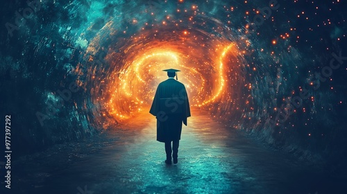 A lone graduate walks toward a tunnel of glowing light, symbolizing the pursuit of knowledge, future opportunities, and personal growth.