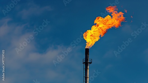 Gas flames from industrial oil and natural gas plant with blue sky background.