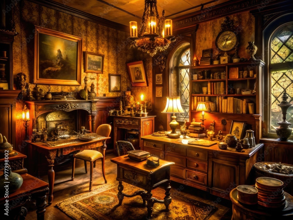 A dimly lit, atmospheric interior of a Victorian-era detective's residence, featuring a cluttered desk, vintage artifacts, and mysterious relics amidst a warm, golden glow. A dimly lit, atmospheric interior of a Victorian-era detective's residence, featuring a cluttered desk, vintage artifacts, and mysterious relics amidst a warm, golden glow.