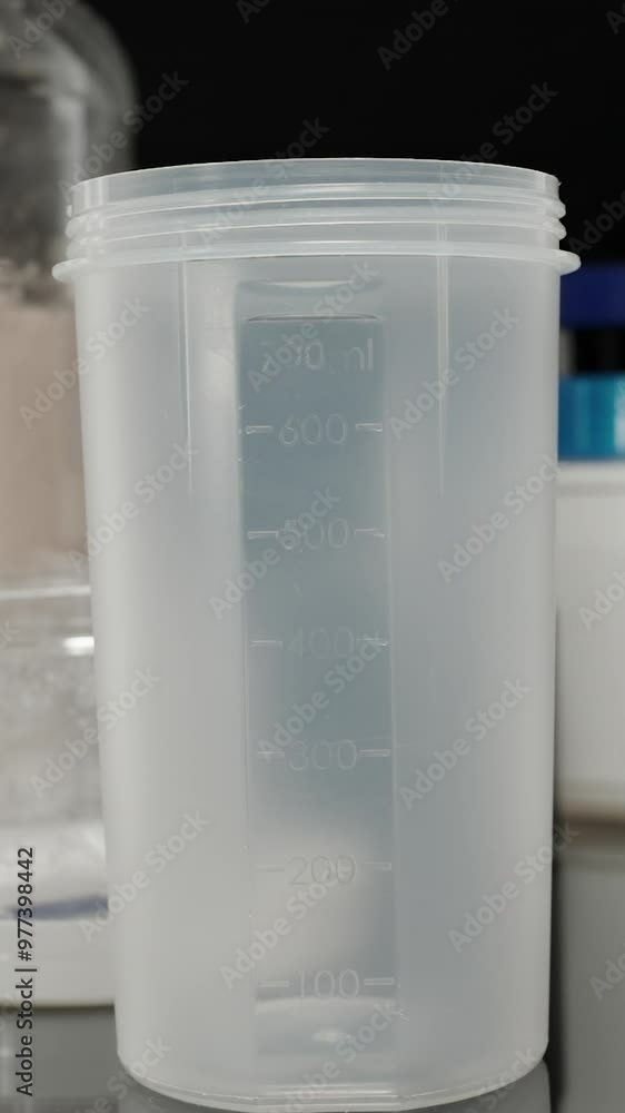 Vertical video. Protein Powder being poured into an empty shaker bottle, setting up for the next post-workout supplement mix. Slow motion. Vertical video. Protein Powder being poured into an empty shaker bottle, setting up for the next post-workout supplement mix. Slow motion.