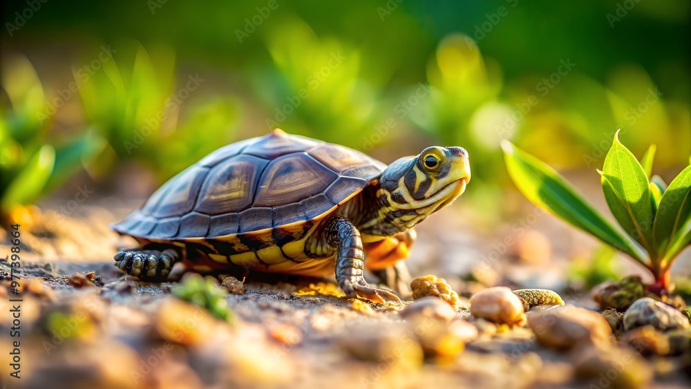 Fototapeta premium Image featuring a small turtle exploring its surroundings in a wildlife setting, with a bird in the background.