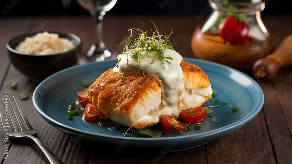 A baked cod fillet topped with melted cheese and garnished with fresh tomatoes. A baked cod fillet topped with melted cheese and garnished with fresh tomatoes.