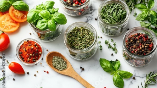 Fototapeta Naklejka Na Ścianę i Meble -  5. An assortment of fresh herbs and spices displayed on a marble countertop, with basil, rosemary, and thyme in glass jars, and a wooden spoon surrounded by colorful ingredients.