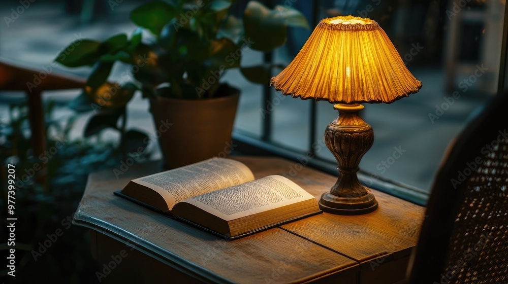 A table with a book and a lamp. A table with a book and a lamp.