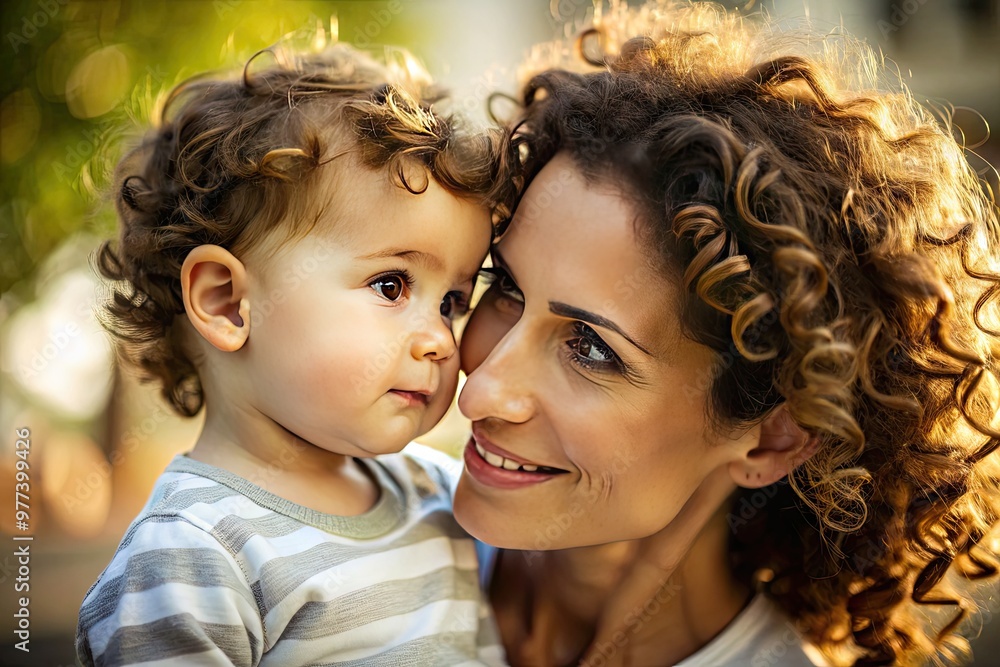 Adorable curly-haired toddler sits on mother's lap, gently gazing up at her with big brown eyes, forming a heartwarming and endearing silhouette profile. Adorable curly-haired toddler sits on mother's lap, gently gazing up at her with big brown eyes, forming a heartwarming and endearing silhouette profile.