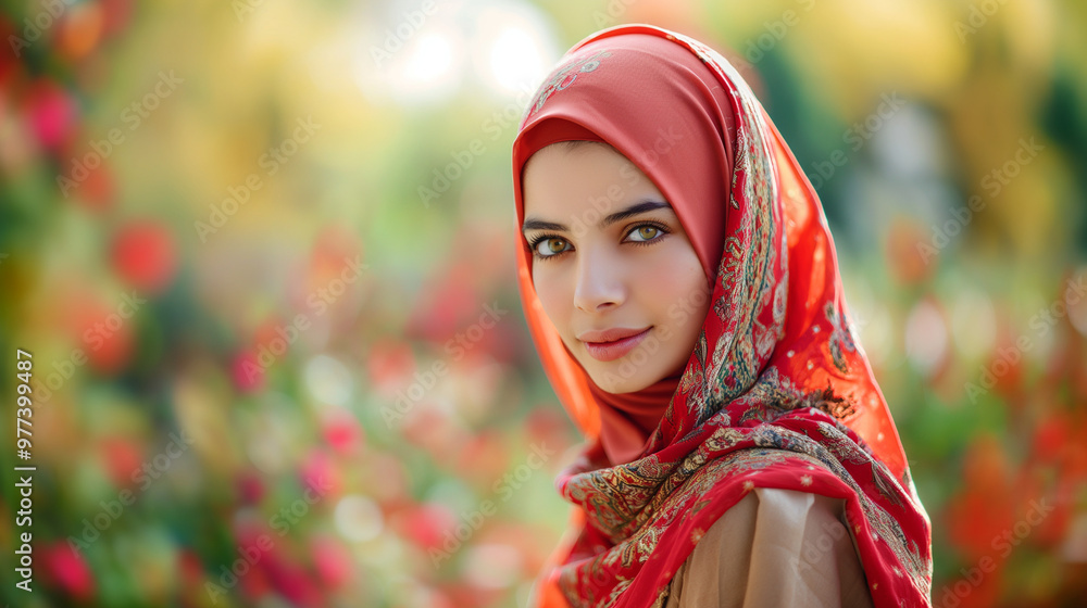 Young woman in red hijab outdoors, serene expression. Young woman in red hijab outdoors, serene expression.