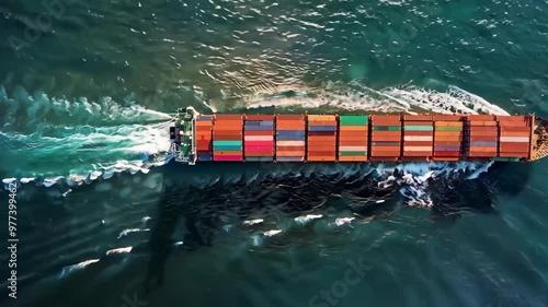 Aerial view of a cargo ship transporting colorful containers through blue water, leaving a wake behind.