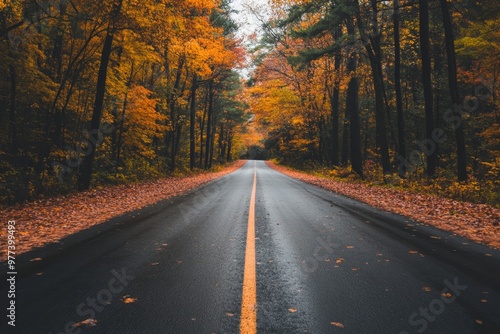 A solitary road through colorful autumn woods lined with vibrant trees on a quiet day