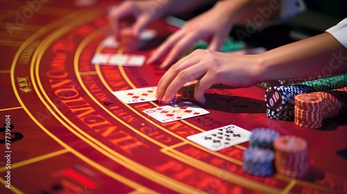 Placing Chips on Baccarat Table: Hands placing chips on a baccarat table, cards dealt and bets being placed. 